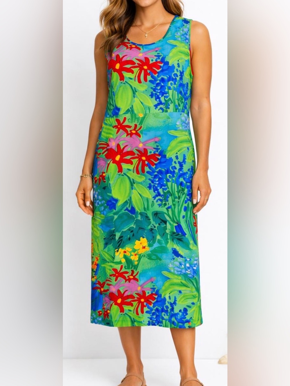 Vintage JAMS World “Sea Flower” Dress Tropical Artwear Sleeveless Dress Medium